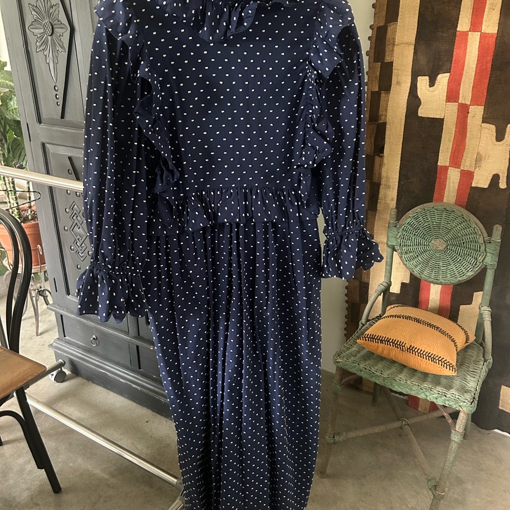 Toit Volant Navy Polka Dot Long Sleeve Dress Removable Collar Never Worn Size S